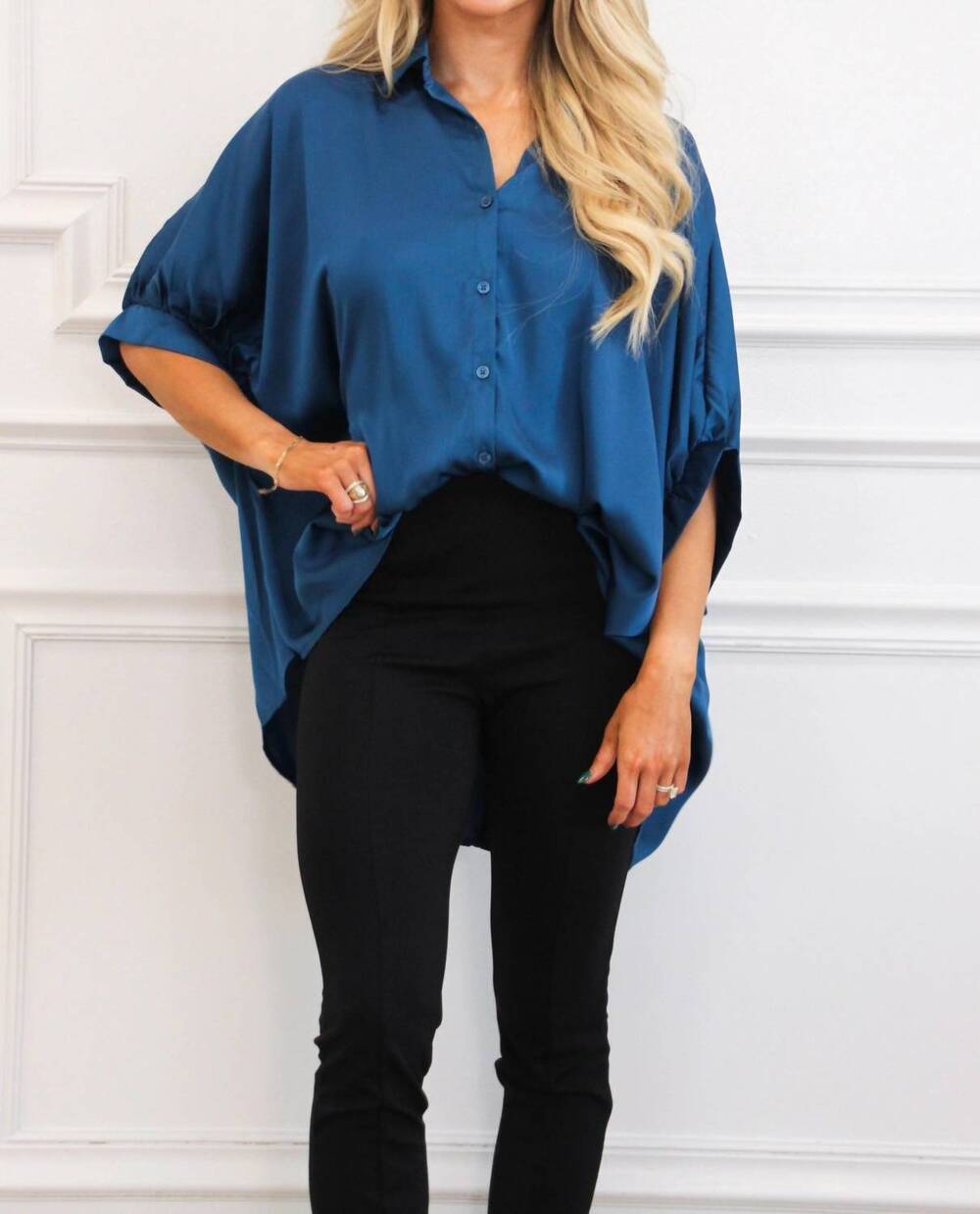 NEW DAY + MOON solara satin button down top in midnight blue